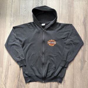 90s Harley-Davidson Faded Black Zip-Up Hoodie Large Vintage Raglan Style